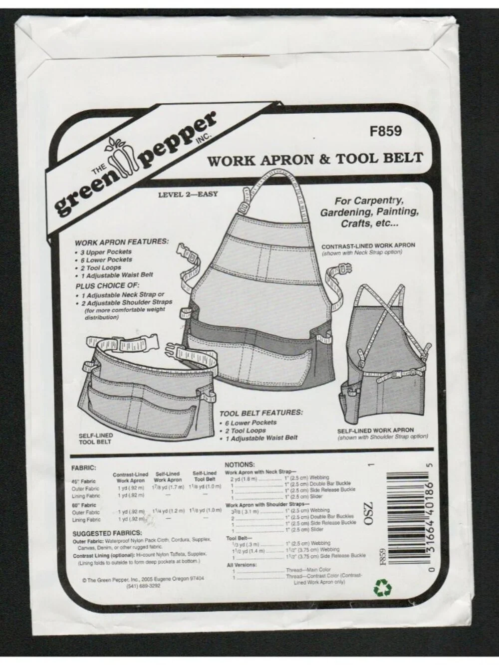 Green Pepper F859 536 Work Gardening Apron and Tool Belt Sewing Pattern Uncut OS